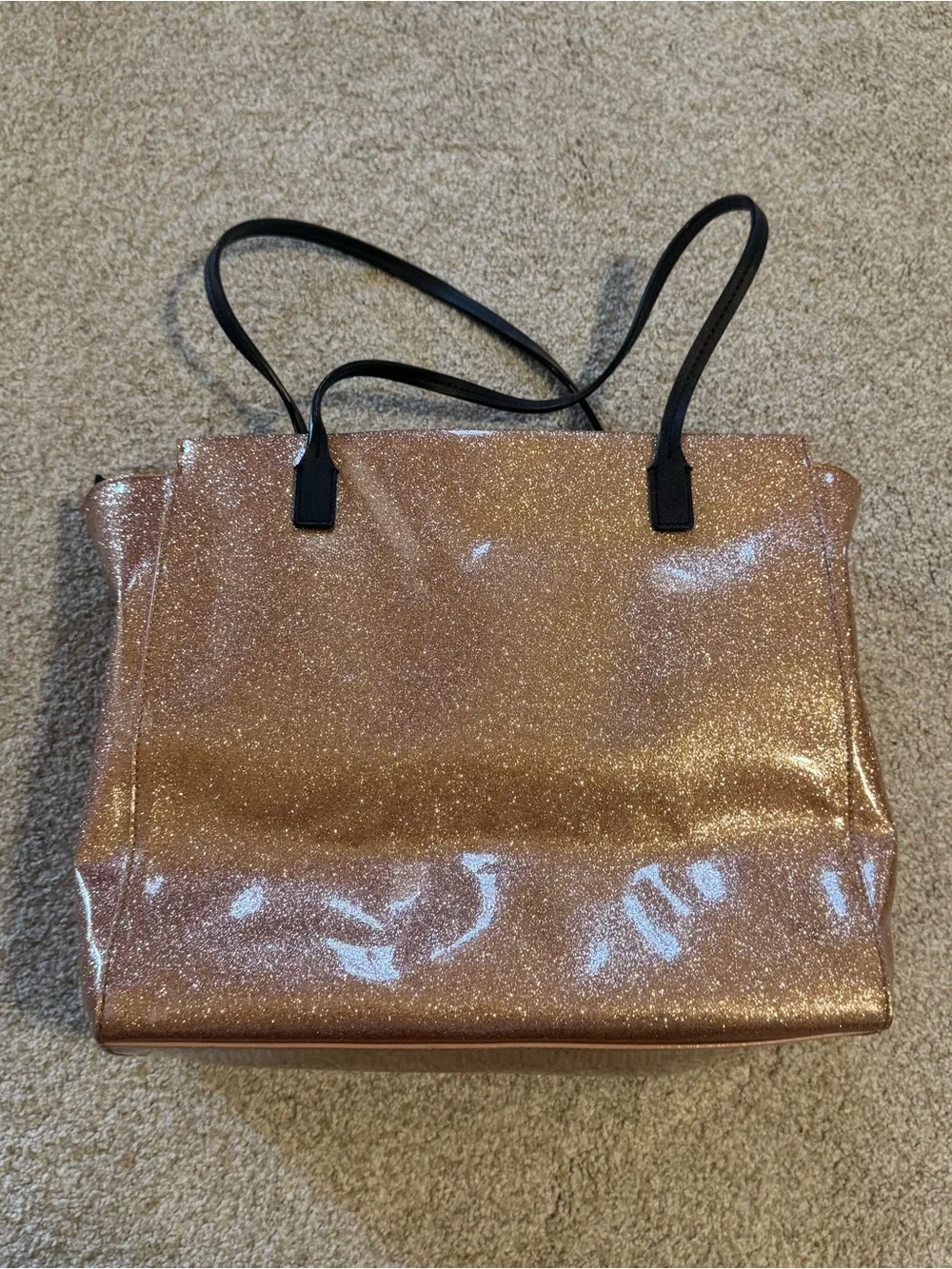 kate spade Glitter Tote in Rose Gold with Black Handles